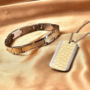 Men's Honey Comb Textured Bracelet and Dog Tag Pendant Necklace